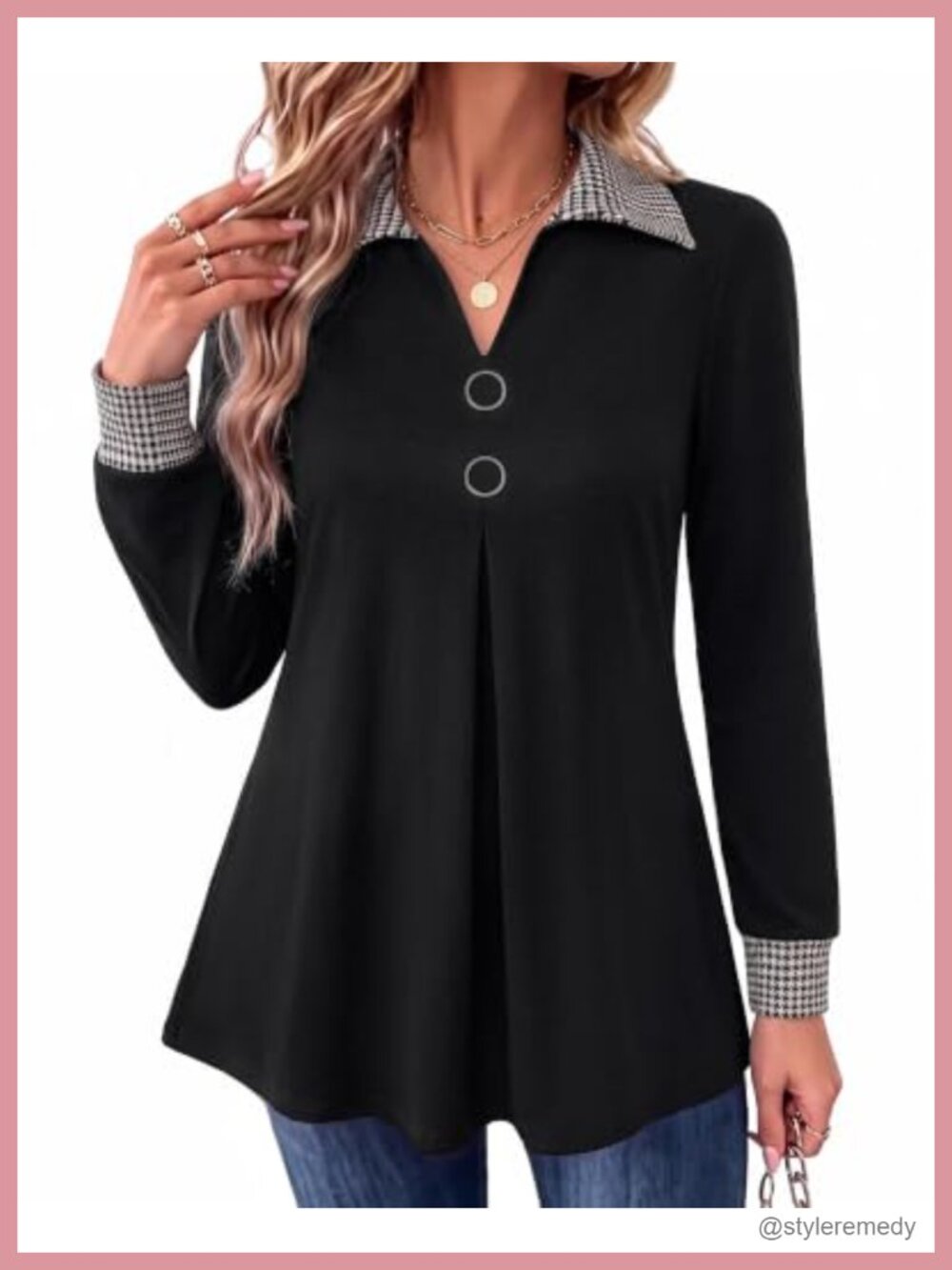 Lapel V Neck Long Sleeve Tunic Blouse Button Front Loose Fit A-Line Top